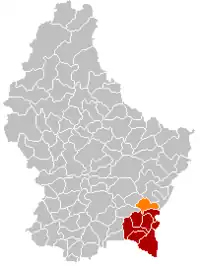 Map of Luxembourg with Lenningen highlighted in orange, and the canton in dark red