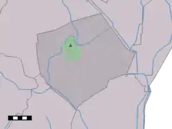 The village centre (dark green) and the statistical district (light green) of Buinen in the municipality of Borger-Odoorn.