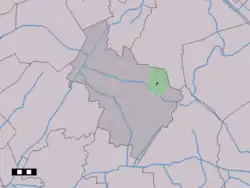 The village centre (dark green) and the statistical district (light green) of Elp in the municipality of Midden-Drenthe.