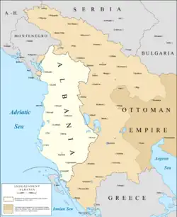 Map of the de jure boundaries of Albania according to the London Conference (1913) in white