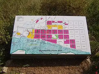 A guide map of Islamabad with its sectors on a sign next to a viewing point, nearly 1 by 1.50 meter big