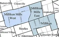 Map highlighting Milliken, Milliken Mills West, and Milliken Mills East