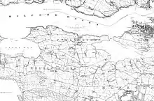 mostly hand-drawn map showing a wide river inlet at the top and fields and buildings on the rural landscape below