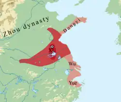 Xu at its greatest extent in the mid 8th century BC.1) dark red: Xu heartland; 2) red: Xu-led Huaiyi confederation; 3) pink: Xu allies or under Xu influence.