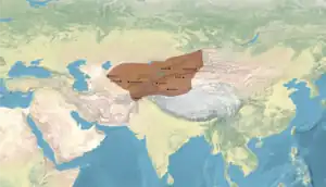 The Chagatai Khanate, with contemporary polities circa 1300, before the expansion of the Timurid Empire into Transoxonia from 1363.