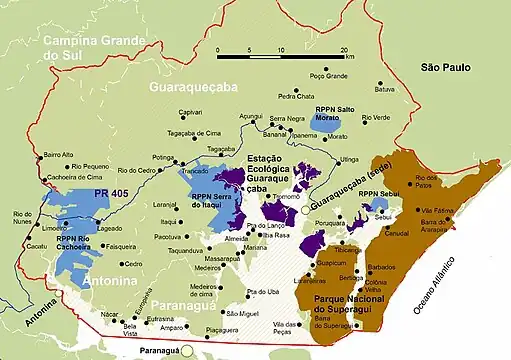 Guaraqueçaba Environmental Protection Area (Large red outline) and conservation units and communities it includes