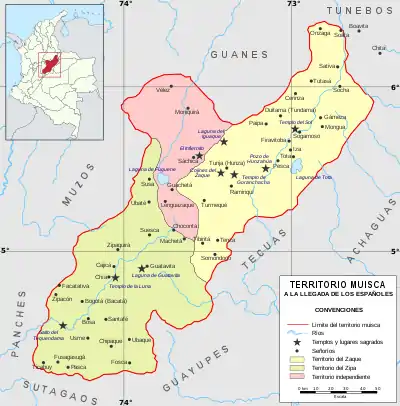 Muisca Confederationon the Altiplano CundiboyacenseZaque rule in yellowZipa rule in greenIndependent territories in red