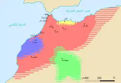 The Emirate of Nekor (yellow) at the time of the Idrisid dynasty.