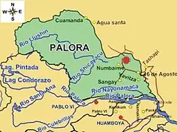 Location of Palora in Palora Canton (large red dot)