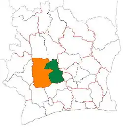 Location of Marahoué Region (green) in Ivory Coast and in Sassandra-Marahoué District