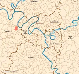 Location (in red) within Paris inner and outer suburbs