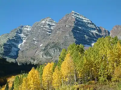 Autumn view of the Maroon Bells: Maroon Peak and North Maroon Peak.