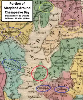 old map showing Maryland around the Chesapeake Bay in 1813