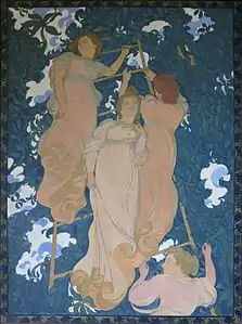 The Ladder in the Foliage by Maurice Denis (1892), canvas on a wood panel, made for the ceiling of the home of art patron Henry Lerolle. The same woman on the ladder is seen from four points of view.