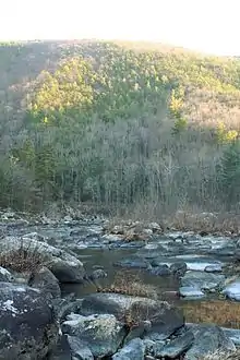 The Maury River cuts through the Appalachians, west of Wilson Springs, between Hogback Mountain and Jump Mountain