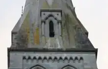 A peregrine falcon perched on the college chapel.