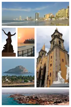 Clockwise, from upper left: Hotel Zone, Monument to Mazatleca women,  Mazatlán pier, Cordones Island, Mazatlán Cathedral, Panoramic view of the city