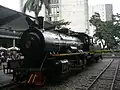 A preserved steam locomotive at the Medellín station