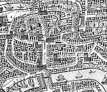 Mediaeval town of Bristol, from Millerd's Map of 1671. The three churches on Corn Street are all shown