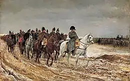 Painting showing a frowning Napoleon and his generals riding their horses through frozen mud alongside a marching column of soldiers