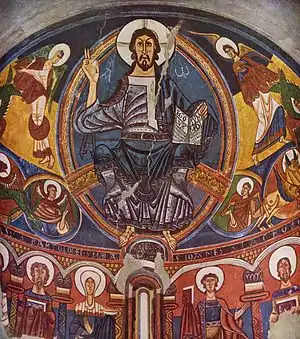 Christ in Majesty, in a mandorla and surrounded by the tetramorph, Romanesque fresco, apse of Sant Climent de Taüll, Catalonia, 1123