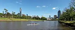 Yarra River flows along the northbank and Birrarung Marr parkland