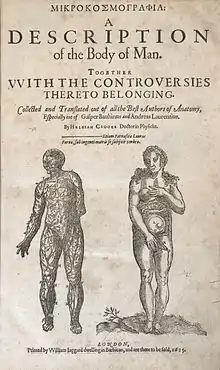 Title page of Helkiah's Crooke's text Microsmographiia: A Description of the Body of Man; underneath the title text are two naked, standing figures which face the viewer frontally; one figure is male and the other female; the male figure, whose upper torso is slightly turned to the right with its left hand hidden behind its back, is rendered to reveal the nervous system; the female figure's head is tilted to the right; its left-hand covers one breast and its right-hand covers its genitalia; the womb of the female figure is visible.