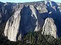 Harding's popular 'East Buttress' route on Middle Cathedral Rock goes up just right of the left skyline.  The long 'North Buttress', also from 1954, goes up the long central buttress, just to the right of the area where the sun meets the shade.