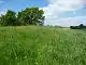 A grassy mound with trees and farmland in the background