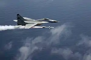 A MiG-29 Fulcrum fires an AA-10 "Alamo".