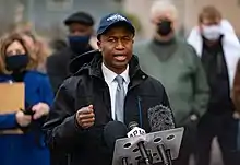 Mike Elliot, mayor of Brooklyn Center, speaking to the press