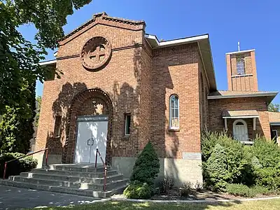 Presbyterian church, showing the original 1923 structure with later additions