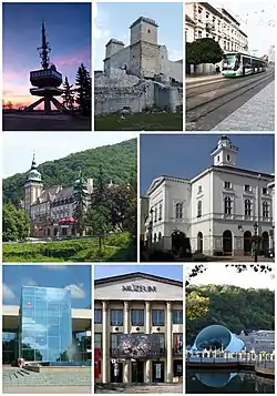 Clockwise from the top left corner:Avas TV Tower, Castle of Diósgyőr, Széchenyi Street, National Theatre of Miskolc, Cave Bath, Ottó Herman Museum, University of Miskolc, Palace Hotel of Lillafüred