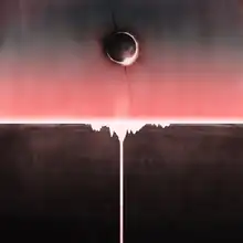 On the top half a solar eclipse centered in a pink to gray gradient sky.  On the bottom half a white drip pattern over a black field.  The drip is more pronounced towards the center with one of the drip lines at the exact center, extending fully to the bottom.