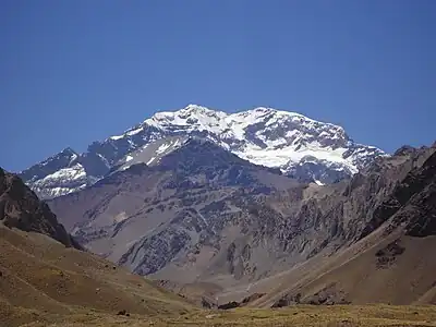 The summit of Aconcagua is the highest point of Argentina, the Americas, the Western Hemisphere, and the Southern Hemisphere.