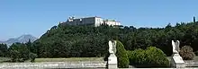 photo from a distance showing Monte Cassino Abbey on hill