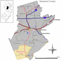 Location of Montgomery Township in Somerset County highlighted in yellow (right). Inset map: Location of Somerset County in New Jersey highlighted in black (left).