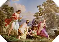 Detail from a Vienna porcelain tray painted by Daffinger, after 1808, Cecrops' Daughters Discover Erichtonius