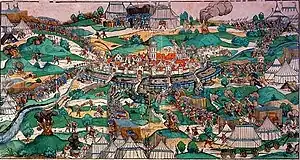 The city of Münster under siege by prince bishop Franz von Waldeck in 1534. The picture shows the first attack at Pentecost.