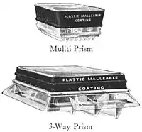 Two black-rimmed squares of glass. Above, one with rows of identical small prism ridges. Below, one with three pendants like those in the last image, but increasing successively in size.