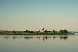 Church of Saint Leonard of Noblac, the only remaining building left, standing on an island in the Věstonice Reservoir