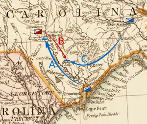 Moore moves from Wilmington, in the southeast of the state, northwest toward Cross Creek in the south central part of the state.  Caswell moves south from New Bern, inland from the middle of the North Carolina coast, toward Corbett's Ferry.  MacDonald moves over the Cape Fear River and then southeast toward Corbett's Ferry.