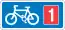 Rectangular, blue traffic sign with a white bicycle symbol and a red square with the number 1 in it.