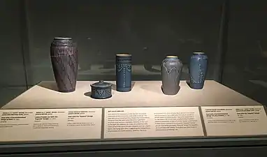 Examples of Newcomb College Pottery showing art deco decoration