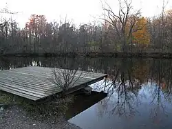 A wooden dock on the shore of a small lake in which autumnal trees are reflected