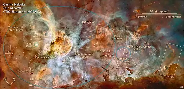 Carina OB1 association, with the area of Trumpler 16 indicated