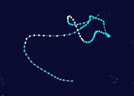 Storm path of Hurricane Nadine. It starts east of Cape Verde and then makes a parabolic track, before meandering and heading in erratic directions. The storm threatened the Azores twice before dissipating near the islands.