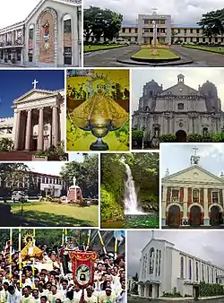 (From top, left to right) Universidad de Santa Isabel, Holy Rosary Seminary, Ateneo de Naga University, Our Lady of Peñafrancia, Naga Metropolitan Cathedral, Naga City Hall, Malabsay Falls, Our Lady of Peñafrancia Shrine, Peñafrancia Festival, Carmelite Monastery