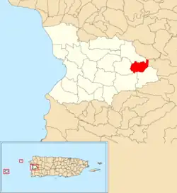 Location of Naranjales within the municipality of Mayagüez shown in red