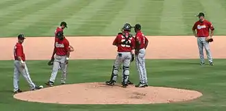 Seven men wearing red baseball jerseys, gray pants, and black caps are standing on a baseball diamond's infield; three are talking together on the mound.